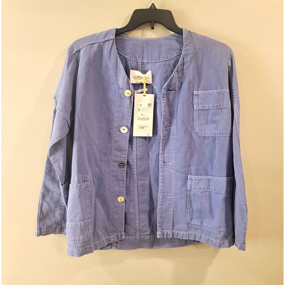 ZARA Woman Blue Cotton Linen Short Jacket Button Pockets Long Sleeve Size S